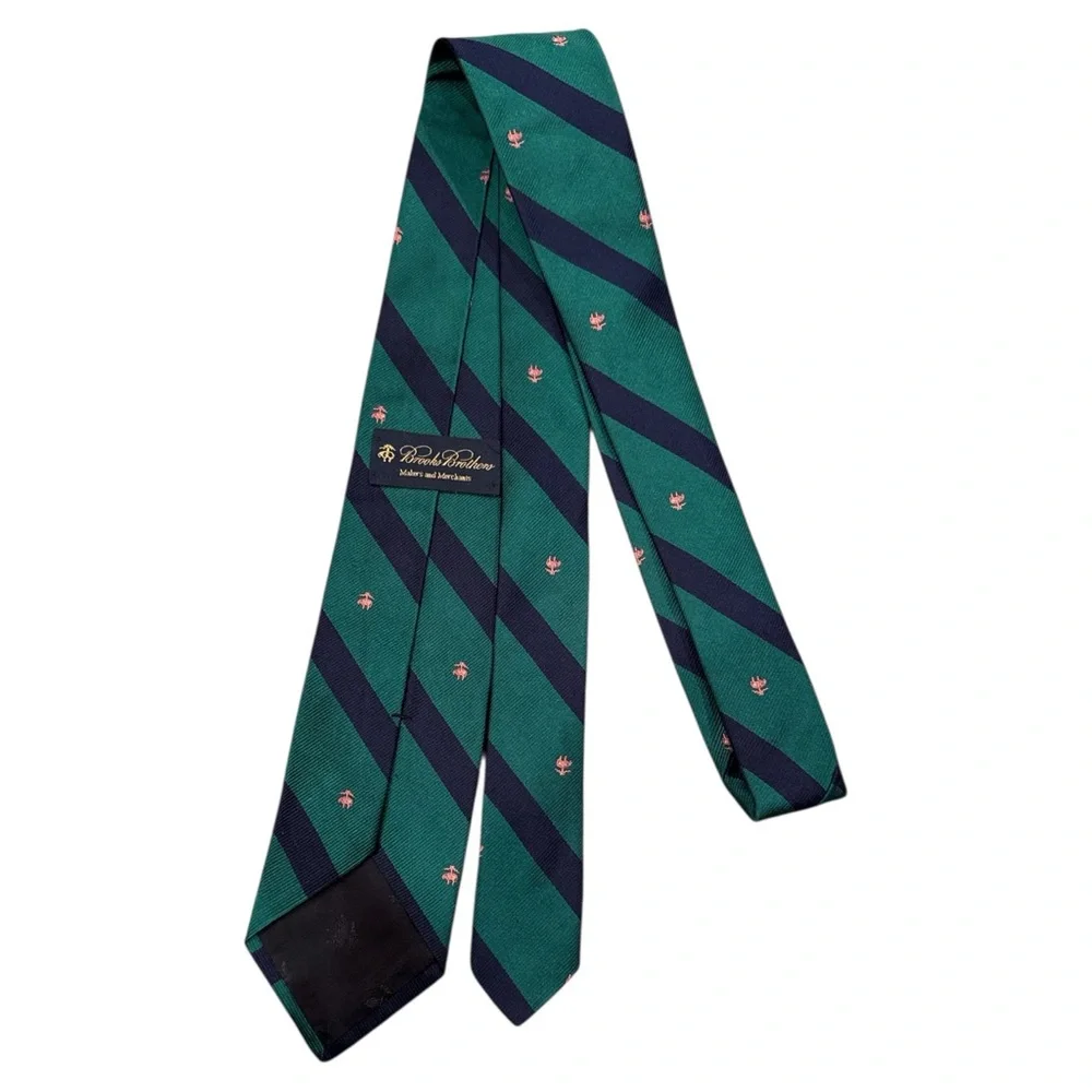Brooks Brothers Men’s Repp Tie Green Navy Pink Embroidered Sheep‎ Logo